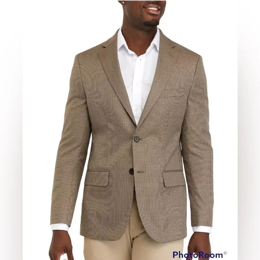 Chaps Tan Silk & Wool Check 2-Button Lined Sport Coat Jacket Size 48R